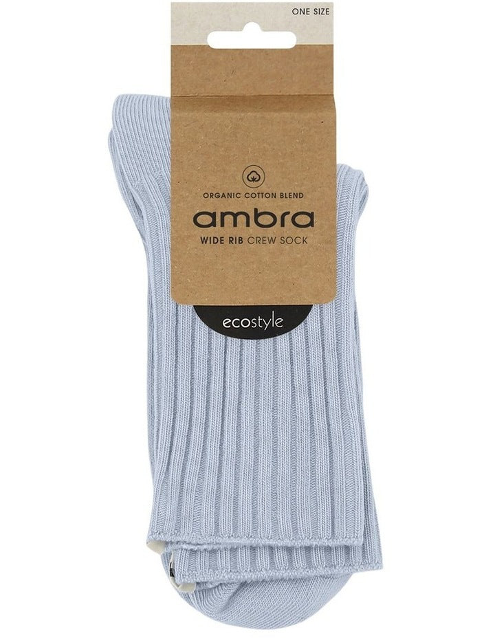 Organic Cotton Blend Wide Rib Crew Sock in Seaspray