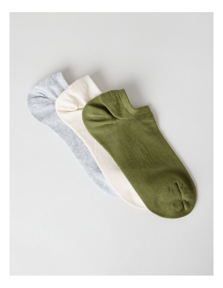 Lowcut Liner Socks 3 Pack in Light Grey Marle, Pumice, and Olive