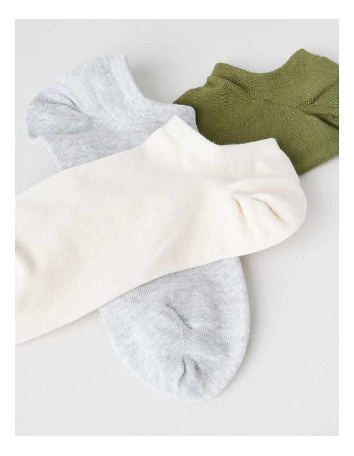 Lowcut Liner Socks 3 Pack in Light Grey Marle, Pumice, and Olive