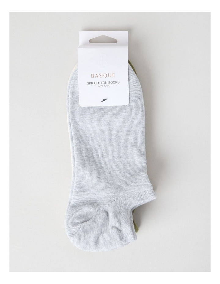 Lowcut Liner Socks 3 Pack in Light Grey Marle, Pumice, and Olive