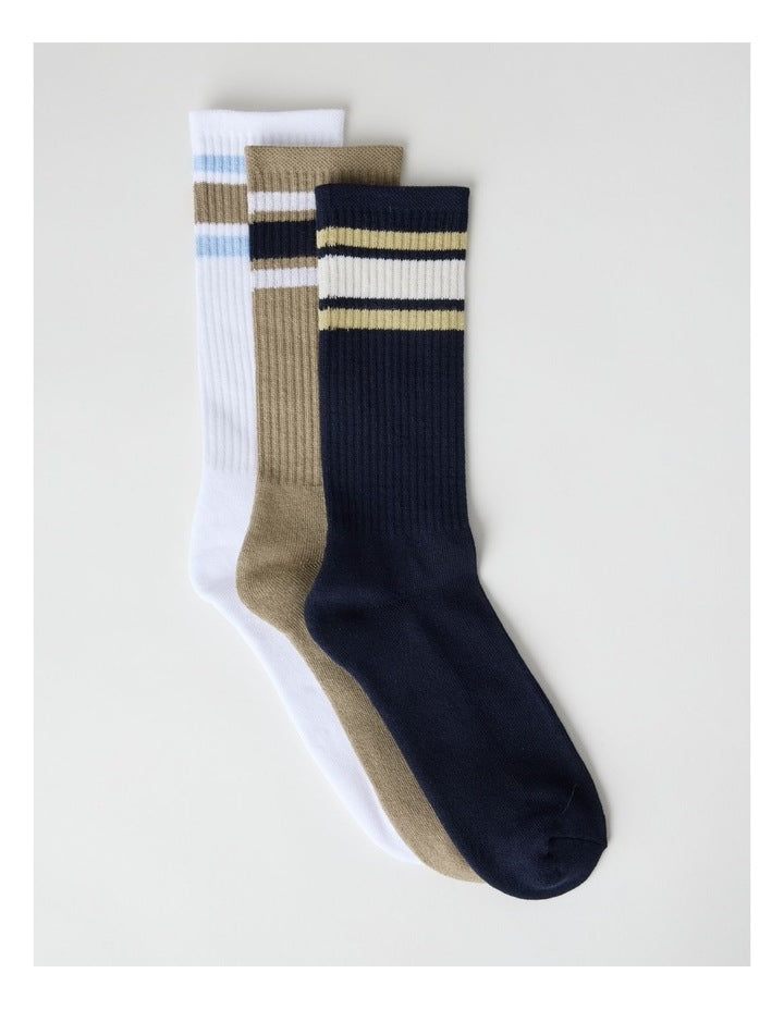 Stripe Sports Crew Socks 3 Pack in White, Burnt Honey, and Navy