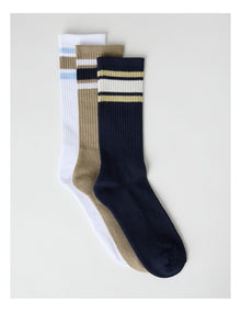 Stripe Sports Crew Socks 3 Pack in White, Burnt Honey, and Navy