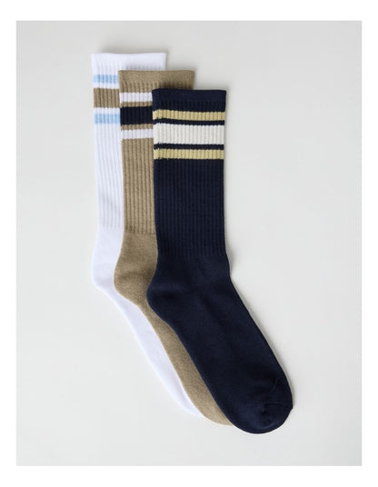 Stripe Sports Crew Socks 3 Pack in White, Burnt Honey, and Navy