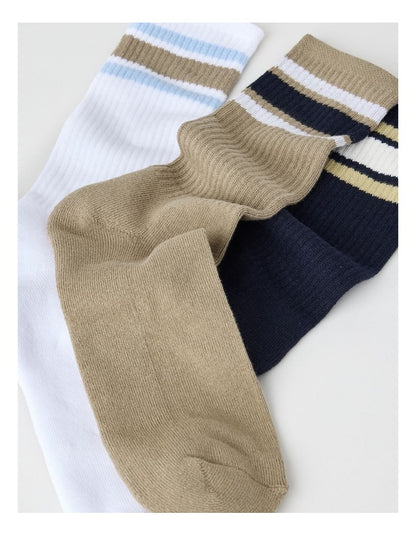 Stripe Sports Crew Socks 3 Pack in White, Burnt Honey, and Navy