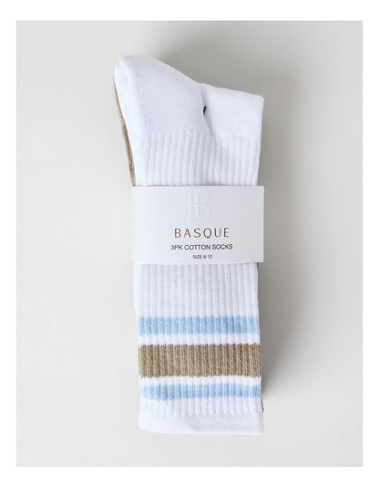 Stripe Sports Crew Socks 3 Pack in White, Burnt Honey, and Navy