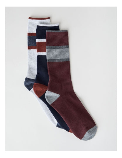 Block Stripe Sports Crew Socks 3 Pack in Khaki, Pumice, and Smokey