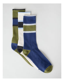 Block Stripe Sports Crew Socks 3 Pack in Navy, Andorra and Light Green