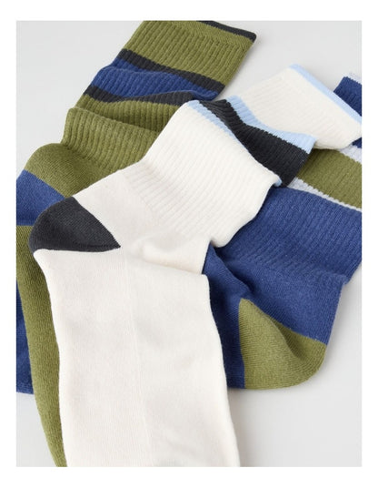 Block Stripe Sports Crew Socks 3 Pack in Navy, Andorra and Light Green