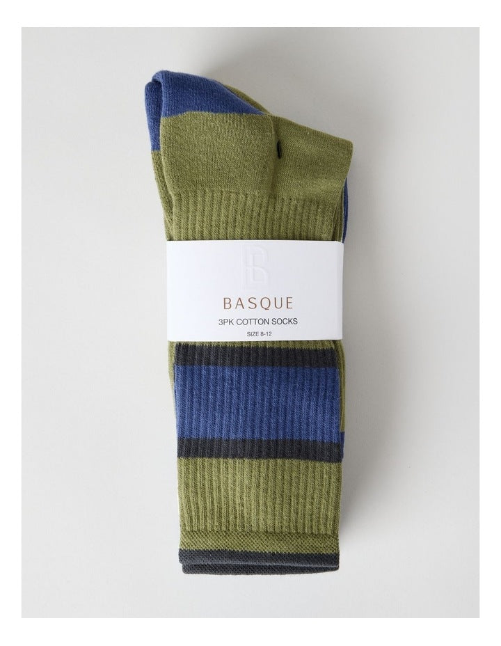 Block Stripe Sports Crew Socks 3 Pack in Navy, Andorra and Light Green