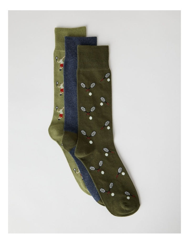 Tennis Socks 3 Pack in Khaki, Navy Marle, and Deep Green