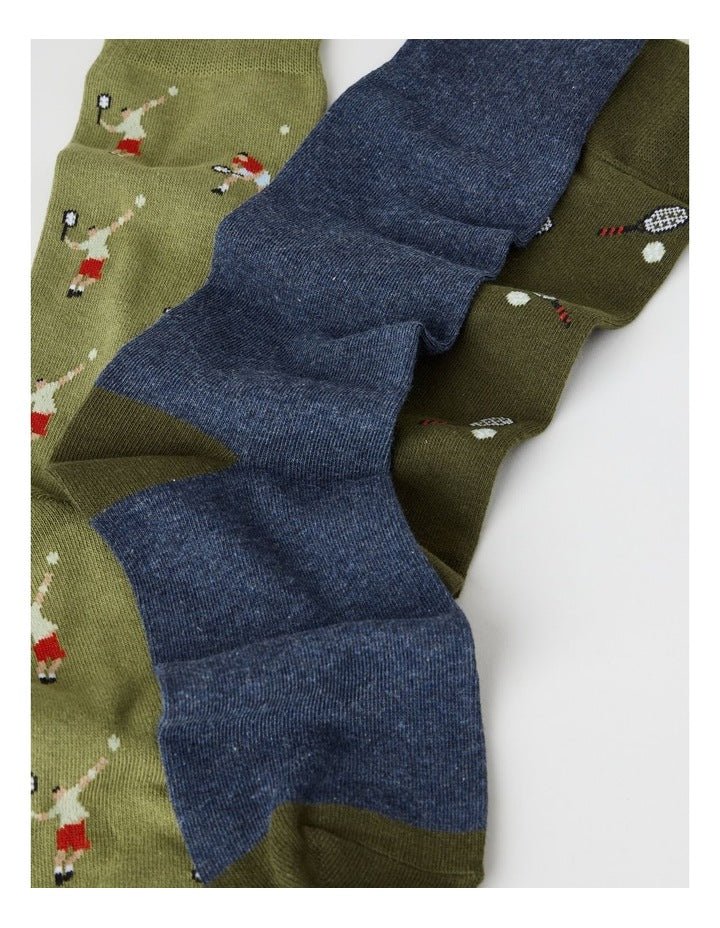 Tennis Socks 3 Pack in Khaki, Navy Marle, and Deep Green
