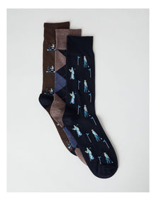 Golf Socks 3 Pack in Navy, Coffee Marle, and Warm Brown