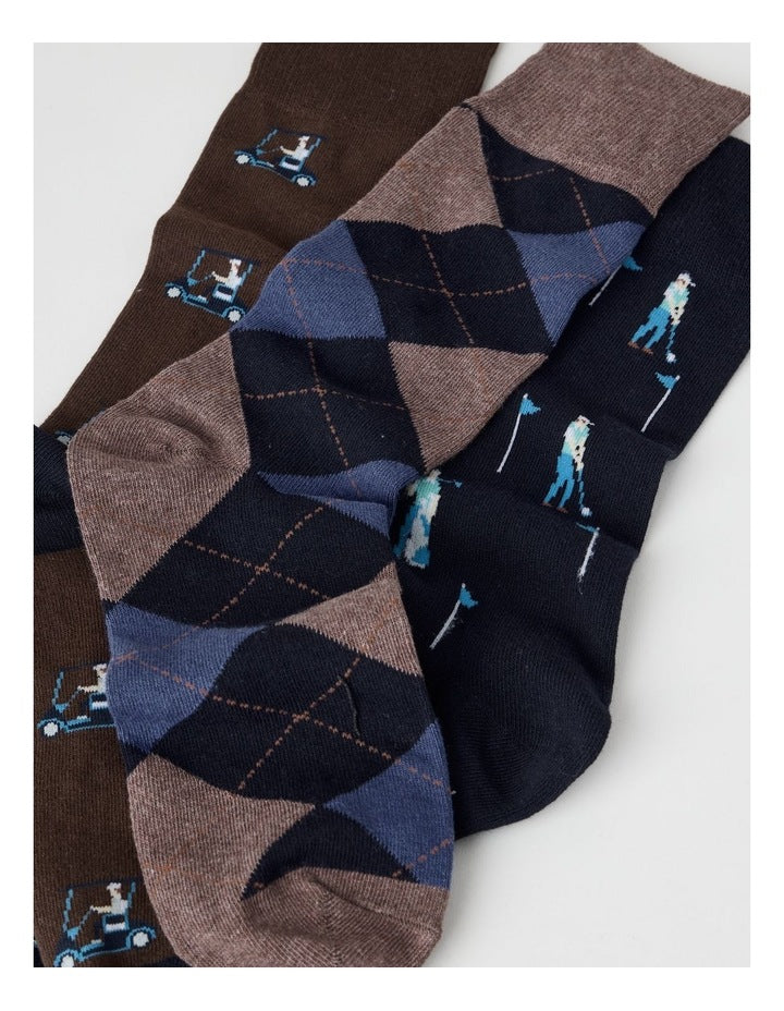 Golf Socks 3 Pack in Navy, Coffee Marle, and Warm Brown