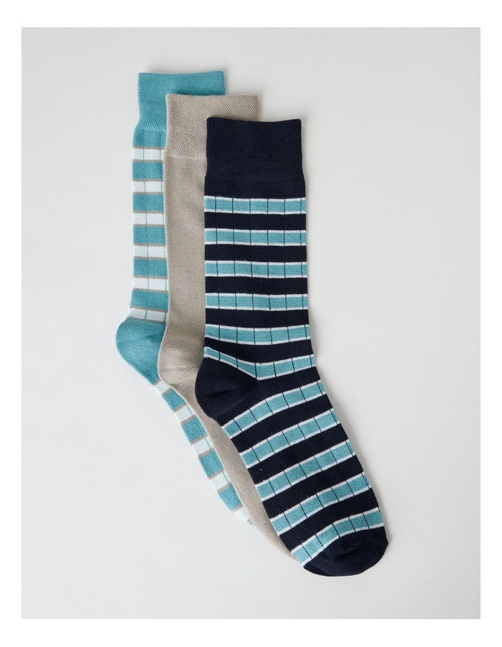 3 Pack Soft Top Socks in Seasalt, Cobblestone, and Aqua Stripes
