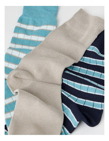 3 Pack Soft Top Socks in Seasalt, Cobblestone, and Aqua Stripes