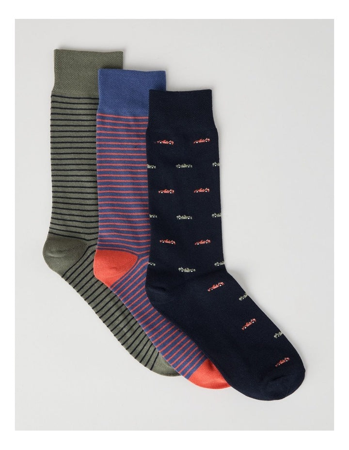 3 Pack Soft Top Socks in Navy, Smokey Blue, and Moss Stripe and Cars Print