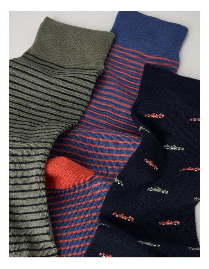3 Pack Soft Top Socks in Navy, Smokey Blue, and Moss Stripe and Cars Print