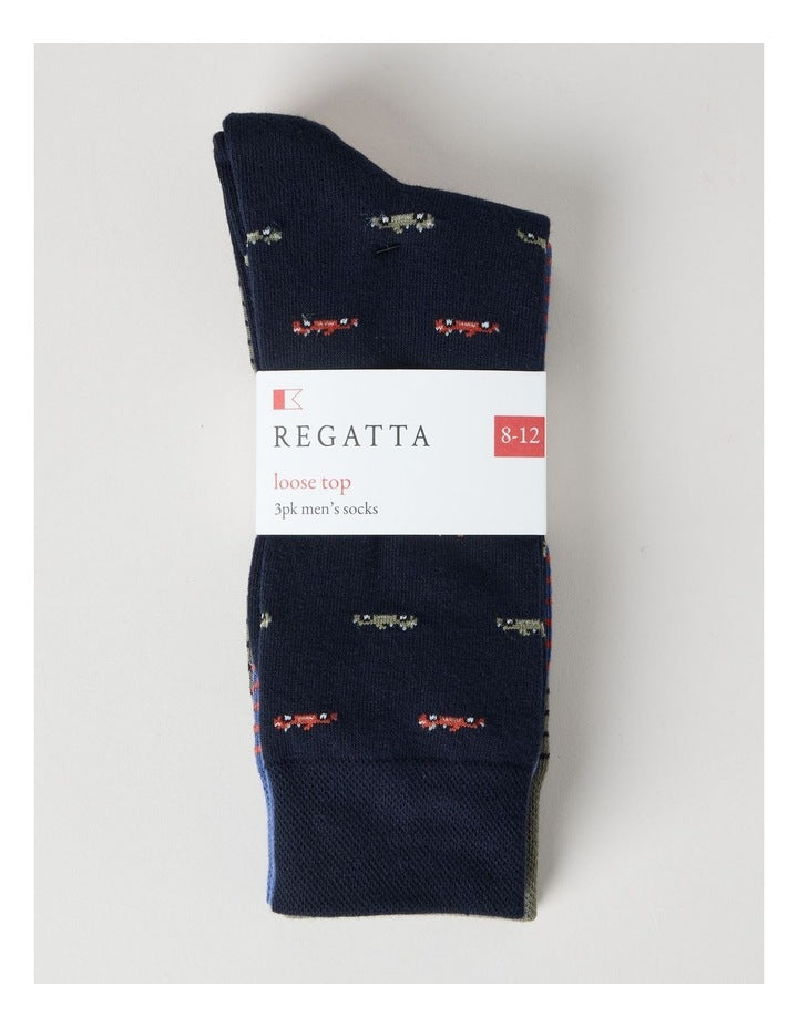 3 Pack Soft Top Socks in Navy, Smokey Blue, and Moss Stripe and Cars Print