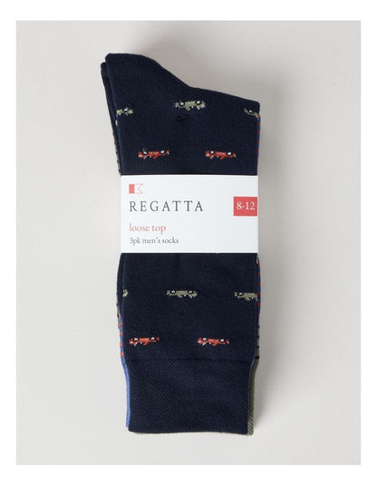 3 Pack Soft Top Socks in Navy, Smokey Blue, and Moss Stripe and Cars Print