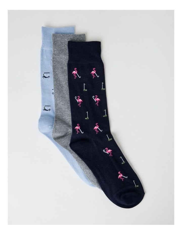 3 Pack Soft Top Socks in Ice Mist, Grey Marle, and Black Golf Prints