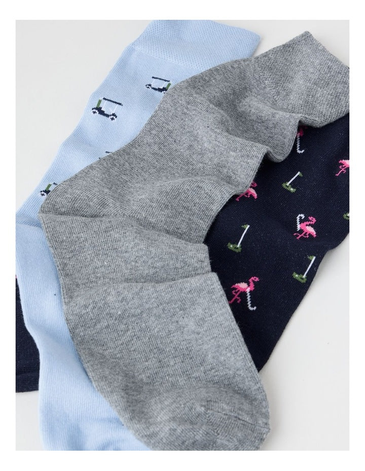 3 Pack Soft Top Socks in Ice Mist, Grey Marle, and Black Golf Prints
