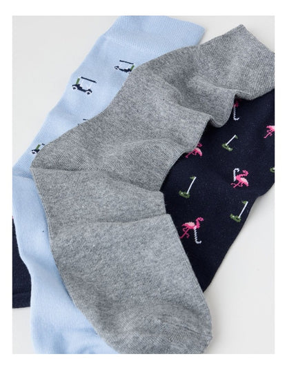 3 Pack Soft Top Socks in Ice Mist, Grey Marle, and Black Golf Prints