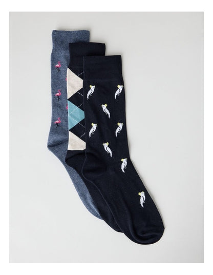 3 Pack Tropical Soft Top Socks in Flamingo, Cockatoo, and Argyle Print