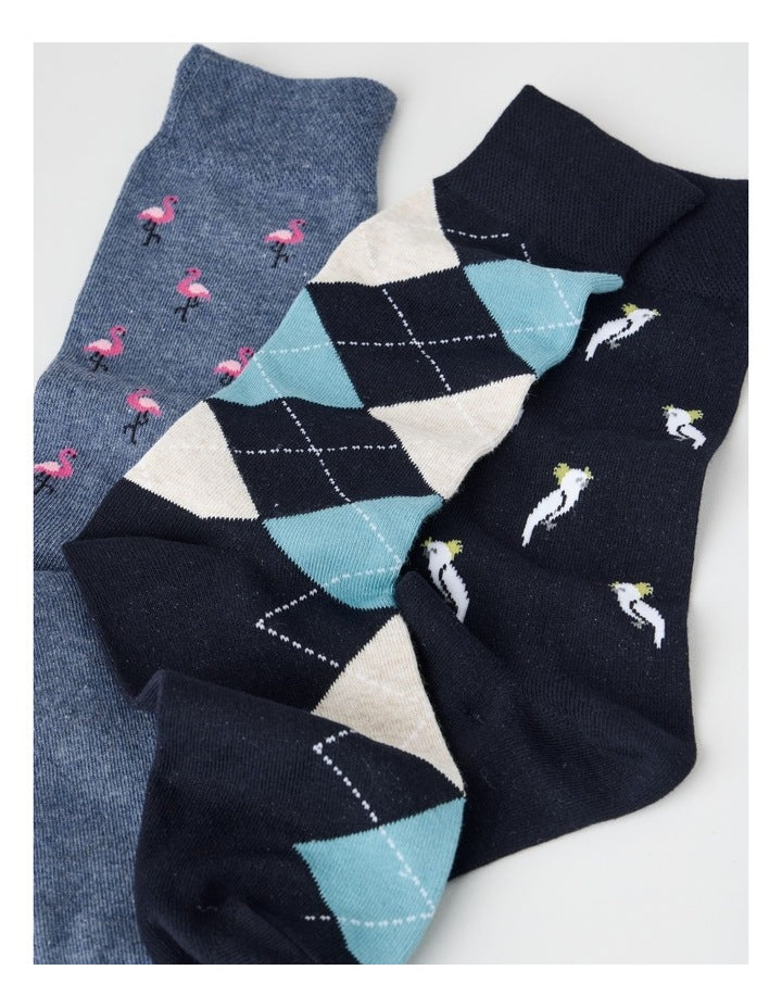 3 Pack Tropical Soft Top Socks in Flamingo, Cockatoo, and Argyle Print