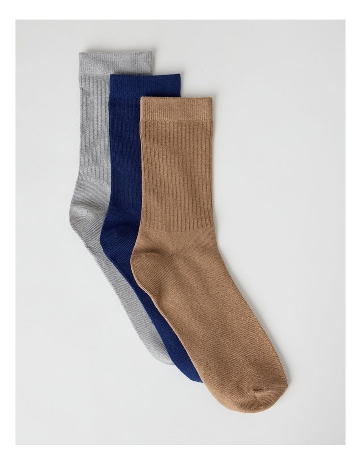 3 Pack Colour Crew Sport Socks in Limestone, Dark Blue, and Tan