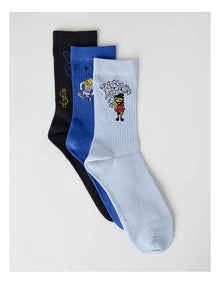 3 Pack Fashion Sports Crew Socks in Black, Light French Blue, and Sky Blue