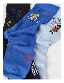 3 Pack Fashion Sports Crew Socks in Black, Light French Blue, and Sky Blue