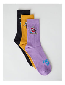 3 Pack Fashion Sports Crew Socks in Black, Yellow Mustard, and Vibrant Purple