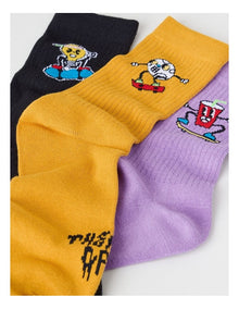 3 Pack Fashion Sports Crew Socks in Black, Yellow Mustard, and Vibrant Purple