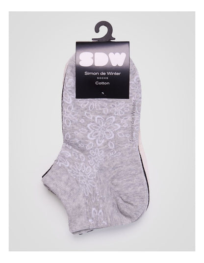 3 Pack Flowers Anklet Socks in Cloud Grey Marle, Black, and Almond Marle