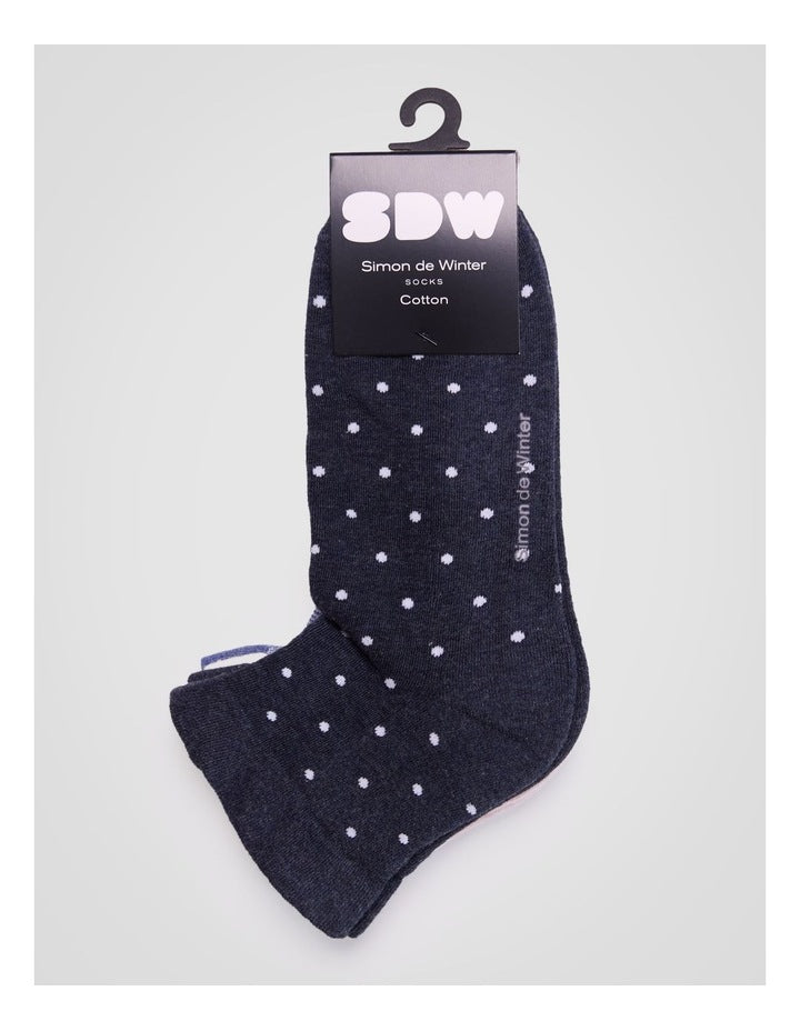 3 Pack Stripe and Spot Circulation Quarter Crew Socks in Dark Demin Marle, Pale Primrose Marle, and Demin Marle