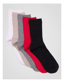 5 Pack 3/4 Crew Rib Socks in Black, Barberry, Light Grey Marle, Grey Sand Marle, and White