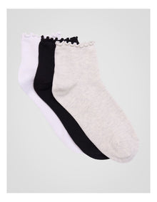 3 Pack Lettuce Edge Rib Quarter Crew Socks in Ice Grey Marle, Black, and White
