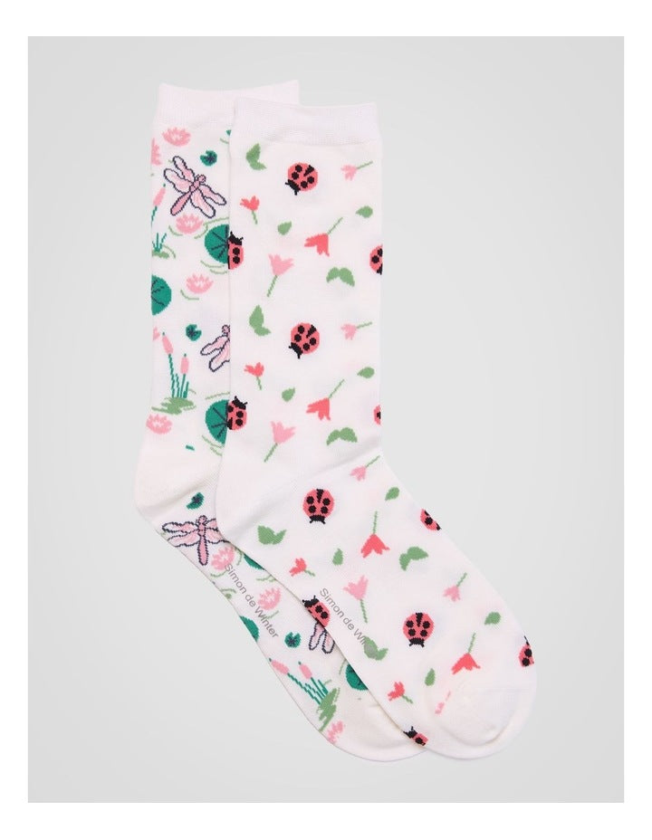 2 Pack Patterned Crew Socks in Ivory Insect Print