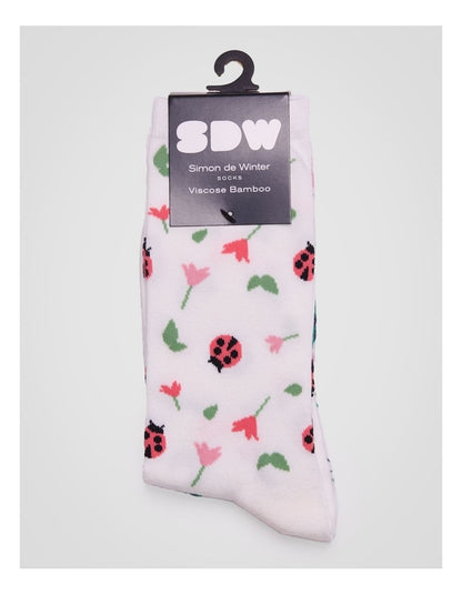 2 Pack Patterned Crew Socks in Ivory Insect Print