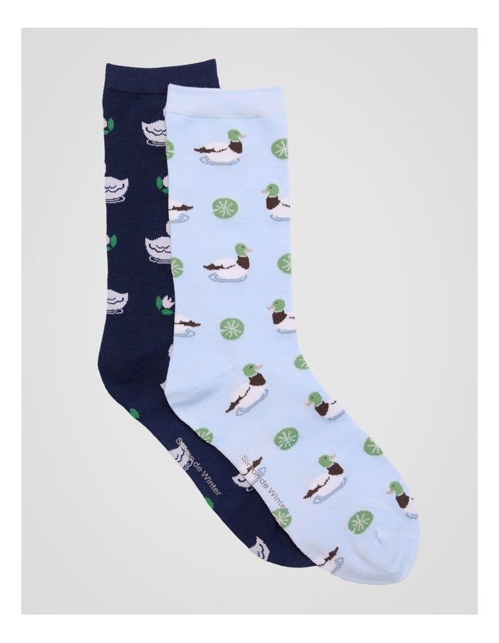 2 Pack Patterned Crew Socks in Light Blue and French Navy Duck Print