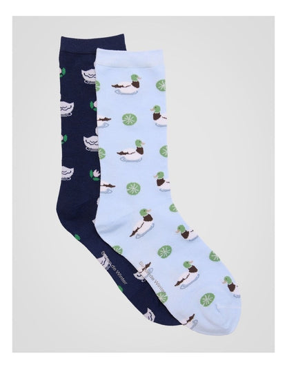 2 Pack Patterned Crew Socks in Light Blue and French Navy Duck Print