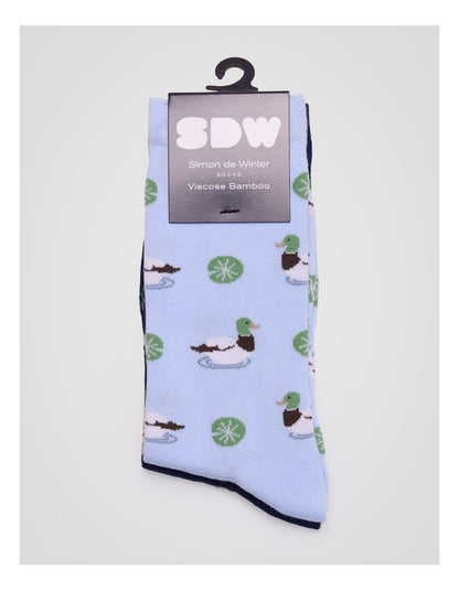 2 Pack Patterned Crew Socks in Light Blue and French Navy Duck Print