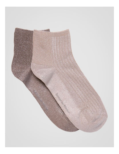 2 Pack Bamboo Metallic Rib Quarter Crew Socks in Stone and Taupe Grey
