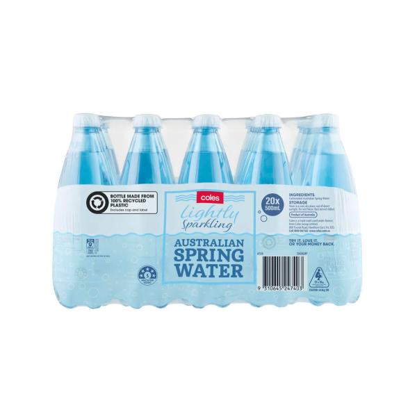 COLES LIGHTLY SPARKLING WATER 20X500ML.