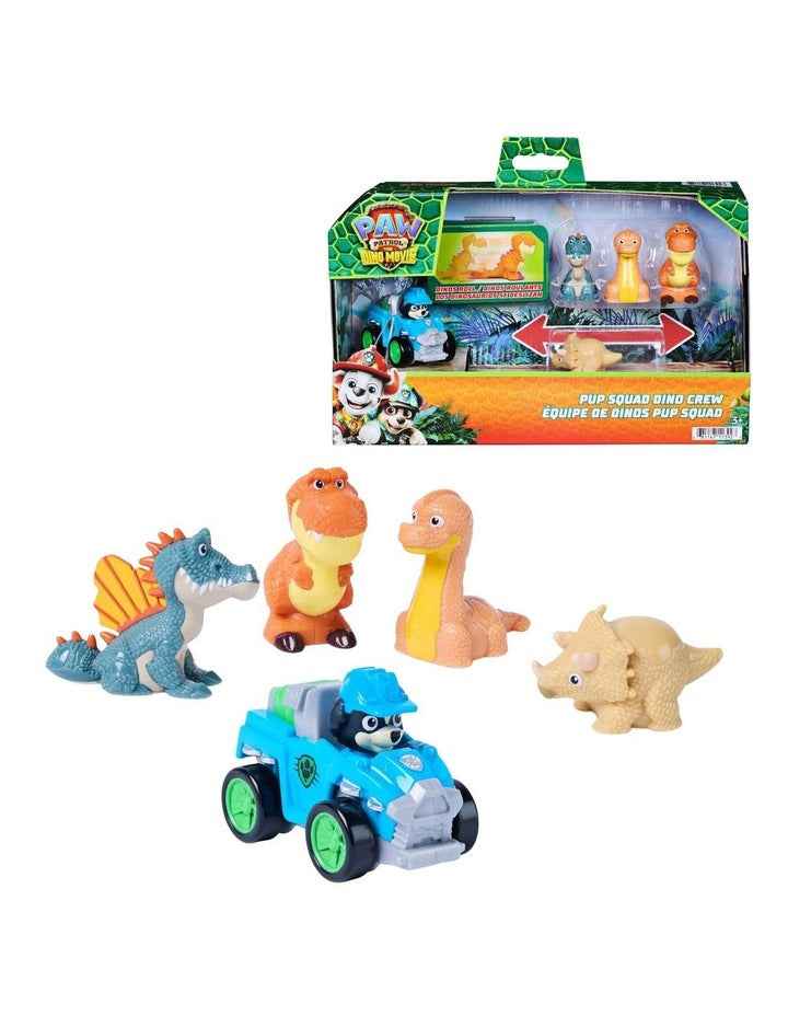 PAW Patrol: The Dino Movie, Pup Squad Dino Crew with Rex Pup Squad Racer and 4 Rollable Dinosaur Toy Figures, Toys for Ages 3+