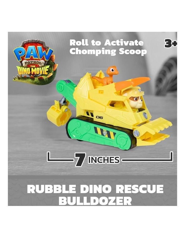 PAW Patrol The Dino Movie, Rubble Dino Rescue Bulldozer with Chomping Action and Articulated Claw, 2 Action Figures & Vehicle