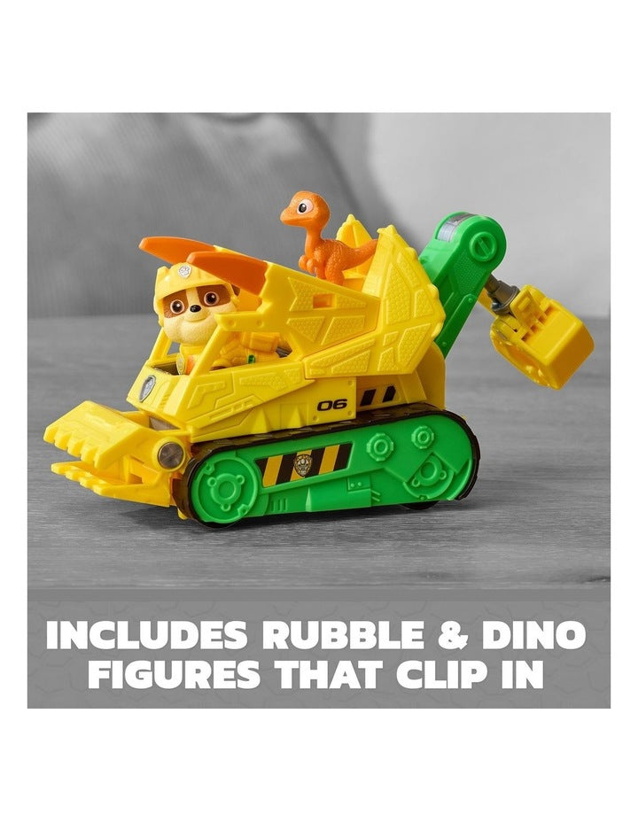 PAW Patrol The Dino Movie, Rubble Dino Rescue Bulldozer with Chomping Action and Articulated Claw, 2 Action Figures & Vehicle