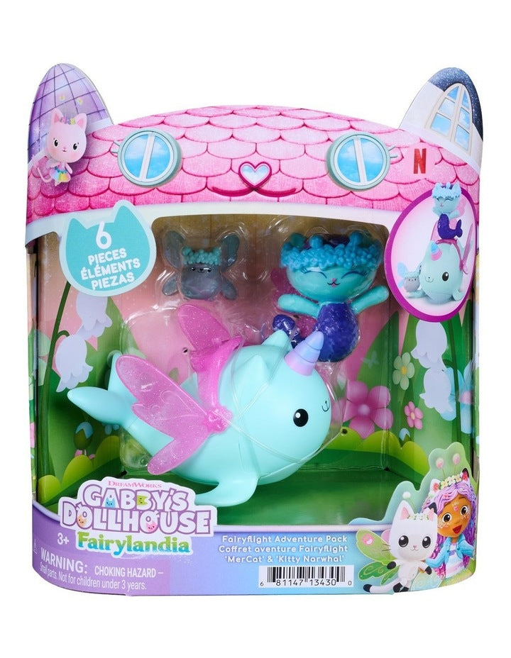 DreamWorks Gabby's Dollhouse Fairylandia MerCat & Kitty Narwhal Fairyflight Adventure Pack, 3 Figures with Wings and Crowns