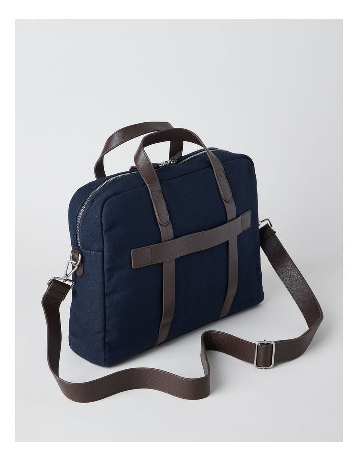 Leather Trim Briefcase Bag in Navy