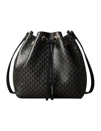 Emblem Allover Print Drawstring Crossbody Bag in Black